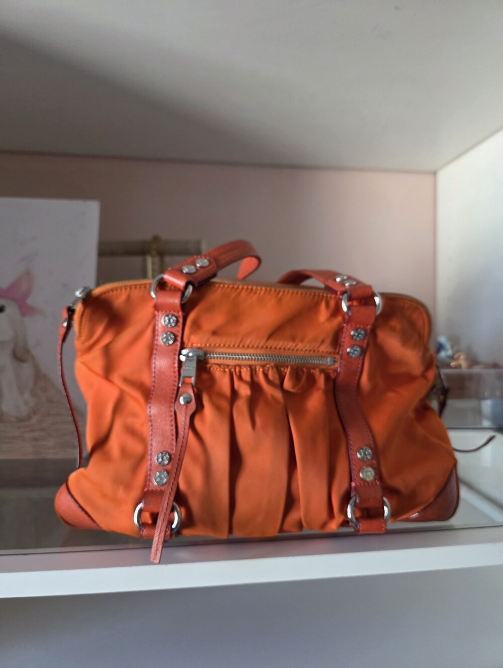 MZ Wallace Orange Pleated Shoulder Tote with Studded Straps